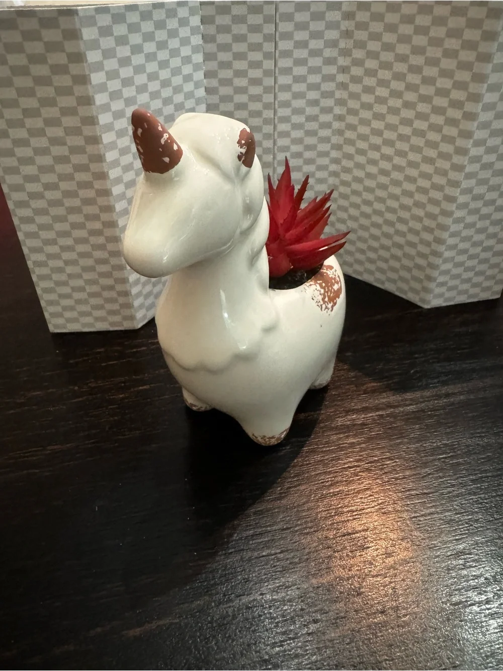 White Ceramic Unicorn Planter with Red Faux Succulent